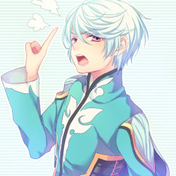 Rule 34 | 10s, 1boy, angry, bishounen, blue background, chiyu (silverxxxx), eyebrows, hand on own hip, index finger raised, male focus, mikleo (tales), patterned background, purple eyes, solo, striped, striped background, tales of (series), tales of zestiria, upper body, white hair