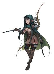 Rule 34 | 1girl, absurdres, arrow (projectile), belt, black hair, black thighhighs, blue eyes, blush, boots, bow (weapon), breasts, cleavage, cleavage cutout, cloak, clothing cutout, commission, dagger, full body, gloves, hair between eyes, high heel boots, high heels, highres, holding, holding dagger, holding knife, holding weapon, hood, knife, less, looking at viewer, medium breasts, original, parted lips, pointy ears, simple background, smile, solo, teeth, thigh boots, thigh strap, thighhighs, throwing knife, weapon, white background