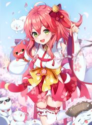 Rule 34 | 1girl, 35p (sakura miko), absurdres, ahoge, blue sky, branch, bridal garter, cat, cherry blossom print, cherry blossoms, detached sleeves, floral print, green eyes, hair ornament, hairclip, highres, hololive, kintoki (sakura miko), long hair, looking at viewer, narizu ishi, open mouth, outdoors, paw print, paw print pattern, petals, pink hair, sakura miko, sakura miko (1st costume), sky, sunglasses, virtual youtuber, x hair ornament