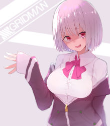 Rule 34 | 10s, 1girl, bow, breasts, collared shirt, gridman universe, highres, jacket, large breasts, light purple hair, long sleeves, looking at viewer, off shoulder, open mouth, purple jacket, red eyes, school uniform, shinjou akane, shirt, short hair, skirt, smile, solo, ssss.gridman, tostos, white shirt