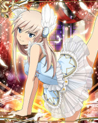 Rule 34 | 1girl, ballerina, bare shoulders, blue eyes, bodice, breasts, card (medium), feathers, hanna-justina marseille, leg lift, leotard, long hair, medium breasts, miniskirt, official art, see-through, skirt, solo, strike witches, world witches series