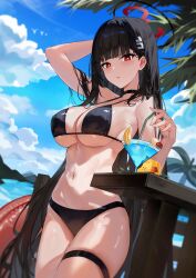 Rule 34 | 1girl, absurdres, arm up, bikini, black bikini, black choker, black hair, black halo, blue archive, blue sky, breasts, cherry, choker, cleavage, cloud, cocktail glass, cup, day, drinking glass, food, fruit, hair ornament, hairclip, halo, highres, innertube, large breasts, looking at viewer, maanu, navel, outdoors, parted lips, red eyes, rio (blue archive), sky, solo, stomach, sttomach, swim ring, swimsuit, underboob