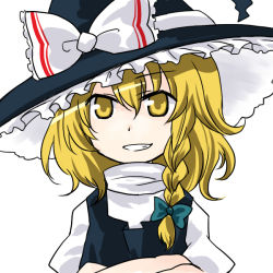 Rule 34 | 1girl, blonde hair, bow, braid, crossed arms, female focus, grin, hair bow, hat, kirisame marisa, myama, smile, solo, touhou, turtleneck, upper body, witch, witch hat, yellow eyes