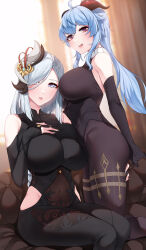 Rule 34 | 2girls, absurdres, ahoge, akchu, bad id, bad twitter id, bare shoulders, black bodysuit, black gloves, black leotard, black pantyhose, blue eyes, blue hair, bodystocking, bodystocking, bodysuit, breasts, clothing cutout, collar, couch, covered navel, detached collar, elbow gloves, ganyu (genshin impact), genshin impact, gloves, goat horns, gradient eyes, hair ornament, hand on own chest, highres, hip vent, horns, kneeling, large breasts, leotard, looking at viewer, multicolored eyes, multiple girls, on couch, pantyhose, parted lips, partially fingerless gloves, purple eyes, shenhe (genshin impact), shoulder cutout, sitting, thighs, white collar, white hair
