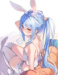 1girl animal_ear_fluff animal_ears blue_hair blush breasts highres hololive long_hair looking_at_viewer ponytail rabbit_ears shorts shuri_(84k) small_breasts solo thick_eyebrows thighhighs usada_pekora virtual_youtuber white_shorts white_thighhighs