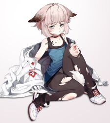 Rule 34 | 1girl, animal ears, arknights, bare shoulders, black shirt, blue vest, bruise, choker, closed mouth, coat, collarbone, ears down, frown, full body, gloves, gradient background, green eyes, high tops, highres, injury, knee up, looking at viewer, luc oldgoat, material growth, off shoulder, open clothes, open coat, oripathy lesion (arknights), panties, panties under pantyhose, pantyhose, pantyshot, pink hair, shirt, shoes, short hair, sitting, sneakers, solo, sussurro (arknights), tail, tank top, tearing up, torn clothes, torn pantyhose, underwear, vest, white coat, white gloves