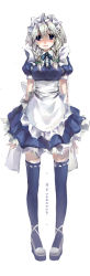 Rule 34 | 1girl, ankle lace-up, apron, blue eyes, blue thighhighs, braid, cross-laced footwear, female focus, highres, izayoi sakuya, legs, lips, long image, looking at viewer, maid, maid apron, pigeon-toed, platform footwear, sankusa, short hair, silver hair, smile, solo, tall image, thighhighs, touhou, twin braids, zettai ryouiki