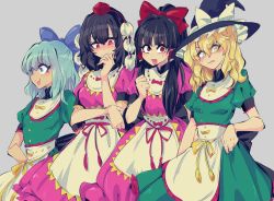 Rule 34 | 4girls, :d, apron, black hair, black headwear, blonde hair, blue bow, blue eyes, blue hair, blush, bow, breasts, cirno, clenched hand, commentary request, cosplay, cowboy shot, dress, green dress, grey background, hair between eyes, hair bow, hair tubes, hakurei reimu, hand on own hip, hand up, hat, hat bow, head tilt, hidden star in four seasons, kirisame marisa, long hair, medium breasts, multiple girls, nishida satono, nishida satono (cosplay), niwa (njy), nose blush, open mouth, pink bow, pink dress, pink ribbon, pom pom (clothes), ponytail, puffy short sleeves, puffy sleeves, red bow, red eyes, ribbon, shameimaru aya, short hair, short sleeves, sidelocks, simple background, skirt hold, small breasts, smile, standing, tassel, teireida mai, teireida mai (cosplay), tokin hat, touhou, waist apron, white apron, white bow, witch hat, yellow bow, yellow eyes, yellow ribbon