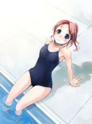 Rule 34 | 1girl, arm support, bare shoulders, blue eyes, blue one-piece swimsuit, blush, brown hair, closed mouth, collarbone, commentary request, competition school swimsuit, from above, highres, ikeda jun (mizutamari), leaning back, looking at viewer, looking up, medium hair, one-piece swimsuit, original, ponytail, pool, poolside, school swimsuit, shadow, short hair, sitting, smile, soaking feet, solo, swimsuit, water, wet