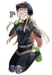 Rule 34 | 1girl, :d, black bodysuit, blush, bodysuit, breasts, brown hair, clenched hands, closed eyes, full body, goggles, goggles on head, hands up, highres, long hair, musical note, open mouth, persona, persona 5, pppppknw, sakura futaba, simple background, small breasts, smile, spoken musical note, teeth, upper teeth only, very long hair, white background