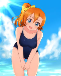 Rule 34 | 1girl, bent over, blue eyes, blue one-piece swimsuit, blue sky, blurry, blurry background, breasts, cloud, collarbone, cowboy shot, day, hair between eyes, head tilt, high ponytail, highres, kosaka honoka, long hair, looking at viewer, love live!, love live! school idol project, medium breasts, one-piece swimsuit, orange hair, outdoors, school swimsuit, side ponytail, sky, solo, standing, sunlight, swimsuit, thigh gap, wewe