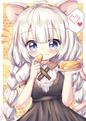 Rule 34 | 1girl, absurdres, ahoge, animal ears, bad id, bad pixiv id, black dress, blue eyes, blush, braid, cheese, closed mouth, commentary request, dress, egasumi, fang, fang out, food, food on face, hands up, heart, highres, holding, holding food, holding plate, kemonomimi mode, kizuna akari, long hair, low twintails, mouse ears, notice lines, plate, puffy short sleeves, puffy sleeves, shirt, short sleeves, silver hair, smile, solo, spoken heart, twin braids, twintails, upper body, voiceroid, waste (arkaura), white shirt