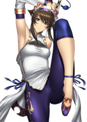 Rule 34 | 1girl, armpits, bare shoulders, brown eyes, brown hair, cameltoe, chai xianghua, china dress, chinese clothes, cleft of venus, detached sleeves, dress, jian (weapon), kansuke, leg lift, looking at viewer, skin tight, smile, solo, soul calibur, soulcalibur, soulcalibur ii, sword, weapon