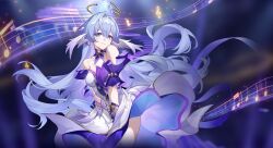 Rule 34 | 1girl, aqua eyes, asymmetrical gloves, bare shoulders, bead bracelet, beads, bracelet, closed mouth, detached sleeves, dress, facial mark, floating hair, gloves, hair between eyes, halo, head wings, highres, honkai: star rail, honkai (series), jewelry, long hair, looking at viewer, musical note, official art, purple dress, robin (honkai: star rail), short sleeves, smile, solo, standing, uneven gloves, white dress, white gloves, white wings, wings