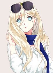 Rule 34 | 1girl, blonde hair, blue eyes, blue scarf, eyewear on head, grey background, hair between eyes, kantai collection, long hair, looking at viewer, mitsuyo (mituyo324), mole, mole under eye, mole under mouth, richelieu (kancolle), scarf, shirt, simple background, solo, white shirt
