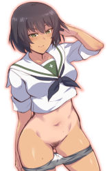 Rule 34 | 1girl, blush, bottomless, brown hair, character request, commentary request, dutch angle, em (totsuzen no hakike), female pubic hair, girls und panzer, gluteal fold, green eyes, hand in own hair, hoshino (girls und panzer), ooarai school uniform, pubic hair, school uniform, smile, solo, tan, tanline, thighs, white background