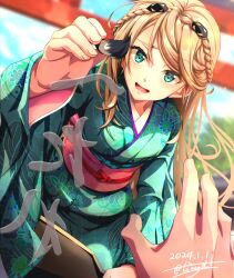 Rule 34 | 1girl, absurdres, blonde hair, braid, breasts, calligraphy brush, crown braid, dated, drawing on another&#039;s face, eiyuu densetsu, elaine auclair, floating hair, french braid, green eyes, hair between eyes, highres, holding, holding brush, japanese clothes, kimono, kuro no kiseki, large breasts, long hair, new year, open mouth, paintbrush, parted bangs, signature, smile, thighhighs, tinybiard, translation request, twitter username, writing