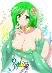 Rule 34 | 1990s (style), 1girl, blush, breasts, bridal gauntlets, cleavage, detached sleeves, female focus, final fantasy, final fantasy iv, green eyes, green hair, hair ornament, huge breasts, large breasts, leotard, matching hair/eyes, rydia (ff4), solo, yasakani an