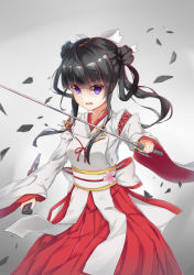 Rule 34 | 1girl, ahoge, black hair, blunt bangs, bow, breasts, collarbone, cowboy shot, double bun, flower, hair bow, hair bun, hair rings, hakama, hakama short skirt, hakama skirt, hand up, highres, holding, holding knife, holding sword, holding weapon, japanese clothes, katana, kimono, knife, long hair, long sleeves, looking at viewer, miko, nontraditional miko, obi, open mouth, pink flower, purple eyes, red hakama, red skirt, reverse grip, ribbon, sash, shaonyu cofee gun, shards, skirt, solo, standing, sword, twintails, weapon, white ribbon, wide sleeves, yitiao yuxian