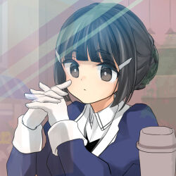 Rule 34 | 1girl, black eyes, black hair, blunt bangs, closed mouth, commentary request, cup, gloves, hair bun, hair ornament, hairclip, harusatomi, interlocked fingers, jacket, kantai collection, long sleeves, military, military uniform, myoukou (kancolle), own hands together, school uniform, single hair bun, solo, uniform, upper body, white gloves