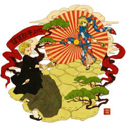 Rule 34 | 10s, 1boy, 1girl, 2012, artoria pendragon (fate), bad id, bad pixiv id, blonde hair, bracelet, earrings, fate/zero, fate (series), gilgamesh (fate), green eyes, hagoita, hanetsuki, haori, highres, japanese clothes, jewelry, kimono, new year, paddle, red eyes, saber (fate), tabi, teito (yukitoki-tatsuhi)