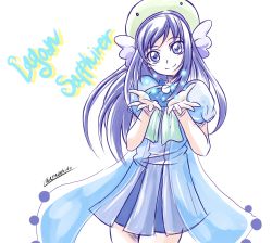 Rule 34 | 1girl, artist name, arudebido, blue dress, blue eyes, blue hair, character request, copyright request, dokidoki! precure, dress, english text, eyelashes, happy, hat, highres, hishikawa rikka, long hair, looking at viewer, matching hair/eyes, open hands, precure, puffy sleeves, see-through, simple background, sketch, smile, solo, standing, twitter username, white background