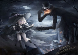 Rule 34 | 1girl, 1other, absurdres, bag, bandaged leg, bandages, black panties, blonde hair, building, cloud, cloudy sky, commentary request, english text, fang, gloves, hair between eyes, halloween, hand on headwear, happy halloween, hat, highres, jack-o&#039;-lantern, long hair, looking at another, night, open mouth, original, panties, purple eyes, sky, tree, underwear, utatanecocoa, witch hat