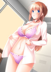 Rule 34 | 1girl, ahoge, blue eyes, blush, bow, bow bra, bow panties, bra, breasts, cleavage, collarbone, commentary request, cowboy shot, dress shirt, hair between eyes, highres, indoors, large breasts, light brown hair, locker, locker room, long hair, long sleeves, looking at viewer, midriff, narukami ginryuu, navel, open clothes, open mouth, open shirt, original, panties, ponytail, purple bra, purple panties, red bow, ribbon-trimmed bra, shirt, sidelocks, solo, standing, stomach, underwear, undressing, white shirt