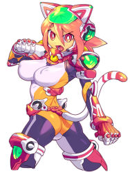 Rule 34 | 1girl, animal ears, ass, bodysuit, breasts, bright pupils, cat ears, cat tail, covered erect nipples, cropped legs, furrowed brow, helmet, large breasts, metata, open mouth, orange hair, original, red eyes, robot ears, simple background, solo, tail, twisted torso, white background