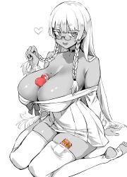 Rule 34 | artist self-insert, asanagi, bare shoulders, breasts, chocolate, cleavage, collarbone, dark-skinned female, dark skin, gift, glasses, heart, highres, large breasts, long hair, looking at viewer, mole, mole on breast, mole under eye, original, pantyhose, ribbon, self-portrait, short twintails, sitting, smile, twintails, valentine, white hair