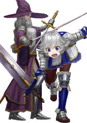 Rule 34 | 1boy, 1girl, aletheia (granblue fantasy), armor, beard, blue eyes, blue skirt, brown pantyhose, cloak, facial hair, falling, farrah (granblue fantasy), fighting stance, full armor, gauntlets, granblue fantasy, grey hair, hat, holding, holding sword, holding weapon, long hair, armored boots, mustache, old, old man, open mouth, pantyhose, pauldrons, pleated skirt, purple cloak, purple headwear, short hair, shoulder armor, simple background, skirt, standing, standing on one leg, sword, tripping, wasabi60, weapon, white background, wizard, wizard hat