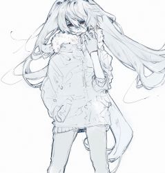 Rule 34 | 1girl, alternate eye color, arm up, bad id, bad twitter id, blue theme, daruma owl, fur jacket, fur trim, hair between eyes, hand in pocket, hand up, hatsune miku, highres, jacket, long bangs, long hair, long sleeves, looking at viewer, monochrome, pants, red eyes, simple background, sleeves pushed up, solo, spot color, standing, twintails, very long hair, vocaloid, white background, zipper pull tab