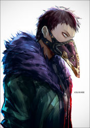 Rule 34 | 1boy, artist name, boku no hero academia, feather trim, from side, grey background, jacket, k-suwabe, mask, mouth mask, overhaul (boku no hero academia), plague doctor mask, profile, shiny clothes, short hair, simple background, solo, upper body
