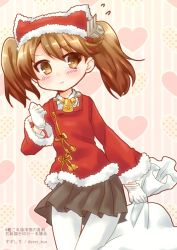 Rule 34 | 10s, 1girl, adapted costume, animal hat, bad id, bad pixiv id, bell, blush, brown eyes, brown hair, cat hat, cowboy shot, female focus, flying sweatdrops, gloves, hat, heart, heart background, kantai collection, pantyhose, pleated skirt, pout, ryuujou (kancolle), sack, skirt, solo, suzushirokei, twintails, white pantyhose