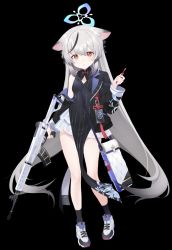 Rule 34 | 1girl, animal ears, assault rifle, blue archive, blush, breasts, full body, grey hair, gun, halo, highres, id card, jacket, kokona (blue archive), long hair, looking at viewer, orange eyes, pen, rifle, shoes, small breasts, solo, translation request, uniform, weapon