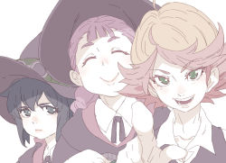 Rule 34 | 3girls, amanda o&#039;neill, black eyes, black hair, closed mouth, commentary request, constanze amalie von braunschbank-albrechtsberger, closed eyes, green eyes, hat, highres, jasminka antonenko, little witch academia, looking at viewer, multicolored hair, multiple girls, open mouth, orange hair, pale color, pointing, pointing at viewer, purple hair, red hair, short hair, simple background, smile, tasaka shinnosuke, two-tone hair, white background, witch hat