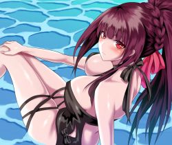 Rule 34 | alternate costume, bad id, bad pixiv id, bare shoulders, black one-piece swimsuit, blush, braid, breasts, cleavage, closed mouth, french braid, girls&#039; frontline, hair between eyes, hair ribbon, halterneck, hand on thigh, high ponytail, large breasts, long hair, looking at viewer, lying, one-piece swimsuit, partially submerged, ponytail, purple hair, red eyes, ribbon, sidelocks, sitting, skindentation, solo, sushi no kokoro, swimsuit, thighs, wa2000 (girls&#039; frontline), wa2000 (op. manta ray) (girls&#039; frontline), water, waves