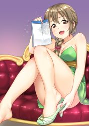 Rule 34 | 1girl, bare shoulders, barefoot, blush, braid, breasts, brown eyes, brown hair, cleavage, couch, dress, envelope, feet, highres, idolmaster, idolmaster cinderella girls, idolmaster cinderella girls starlight stage, jakelian, jewelry, long hair, looking at viewer, necklace, open mouth, removing shoes, senkawa chihiro, shoes, single braid, single shoe, sitting, smile, solo, strapless, strapless dress