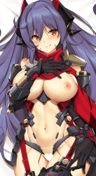 Rule 34 | 1girl, android, bare shoulders, bed sheet, blush, breasts, censored, closed mouth, commission, dakimakura (medium), elbow gloves, gloves, hair between eyes, hand on chest, hand on own chest, heart, heart censor, large breasts, long hair, looking at viewer, lying, navel, nintendo, nipples, no bra, no panties, orange eyes, poppi (xenoblade), poppi qtpi (xenoblade), purple hair, smile, solo, tagme, thighhighs, thighs, tony guisado, very long hair, xenoblade chronicles (series), xenoblade chronicles 2