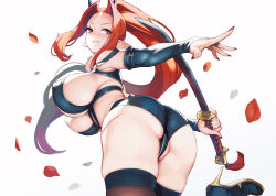 Rule 34 | 1girl, ass, ataruman, black gloves, borrowed character, breasts, bridal gauntlets, commentary request, crotch zipper, elbow gloves, fingernails, from behind, gloves, grin, hair intakes, high heels, highres, huge breasts, katana, leaning forward, long hair, looking at viewer, looking back, original, petals, pointy ears, ponytail, red eyes, red hair, revealing clothes, sharp fingernails, skindentation, smile, solo, sword, thighhighs, weapon, zipper