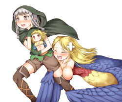Rule 34 | 3girls, :&lt;, bandages, bandaid, belt, bird, blonde hair, boots, braid, breasts, brown eyes, carrying, chick, child, cleavage, cloak, closed eyes, cross-laced footwear, dragon&#039;s crown, elf, elf (dragon&#039;s crown), feathered wings, gloves, harpy, harpy (dragon&#039;s crown), haty, hood, hugging another&#039;s leg, hugging own legs, large breasts, long hair, monster girl, multiple girls, navel, open mouth, pointy ears, purple eyes, red eyes, shorts, silver hair, simple background, take it home, tears, thigh boots, thighhighs, twin braids, white background, winged arms, wings