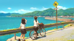 Rule 34 | 2girls, absurdres, bicycle, black hair, black skirt, chinese commentary, commentary request, from behind, guard rail, highres, hua ming wink, long hair, mountain, multiple girls, ocean, original, outdoors, pointy ears, ponytail, road, road sign, scenery, school uniform, shirt, sign, skirt, walking, water, white shirt