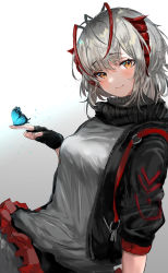 Rule 34 | 1girl, absurdres, ahoge, antennae, arknights, black gloves, black scarf, blue butterfly, blush, breasts, bug, butterfly, butterfly on hand, fingerless gloves, gloves, grey background, grey hair, highres, horns, insect, jacket, maria (syake-uni), medium breasts, orange eyes, scarf, short hair, simple background, skirt, smile, solo, w (arknights)