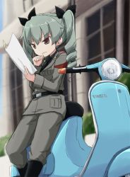 Rule 34 | 10s, 1girl, anchovy (girls und panzer), anzio military uniform, belt, black belt, black necktie, black ribbon, black shirt, blouse, blurry, blurry background, boots, building, closed mouth, commentary request, day, depth of field, dress shirt, drill hair, frown, girls und panzer, green hair, grey jacket, grey pants, hair ribbon, holding, jacket, kakizaki (chou neji), knee boots, leaning back, long hair, long sleeves, map, military, military uniform, motor vehicle, necktie, outdoors, pants, pants tucked in, red eyes, ribbon, scooter, shirt, solo, standing, twin drills, twintails, uniform, vespa
