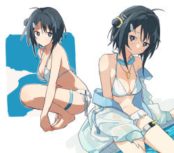 Rule 34 | 1girl, ahoge, arknights, bikini, black eyes, black hair, breasts, cleavage, coldcat., goggles, goggles around neck, highres, jacket, jewelry, la pluma (arknights), la pluma (summer flowers) (arknights), looking at viewer, medium breasts, multiple views, necklace, official alternate costume, open clothes, open jacket, short hair, simple background, squatting, swimsuit, thigh strap, white background, white bikini, white jacket
