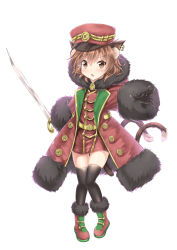 Rule 34 | 1girl, :o, absurdres, akiteru (akiteru98), alternate costume, animal ears, belt, black gloves, black thighhighs, blush, boots, brown eyes, brown hair, cat ears, cat tail, chen, coat, earrings, fang, full body, fur-trimmed boots, fur-trimmed coat, fur-trimmed hood, fur-trimmed sleeves, fur trim, gloves, hair between eyes, hat, highres, hood, hood down, jewelry, legs together, looking at viewer, military, military hat, military uniform, multiple tails, no pants, open clothes, open coat, pigeon-toed, reaching, reaching towards viewer, saber (weapon), short hair, simple background, solo, standing, sword, tail, thighhighs, touhou, tunic, uniform, weapon, white background, zettai ryouiki