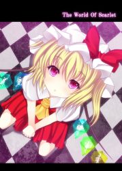Rule 34 | 1girl, :o, bad id, bad pixiv id, blonde hair, bow, embodiment of scarlet devil, female focus, flandre scarlet, from above, hat, kiyomin, letterboxed, looking up, purple eyes, solo, touhou, wings