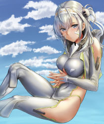 Rule 34 | 1girl, alternate costume, blue eyes, blue sky, blush, bodysuit, breasts, clothes writing, cloud, covered navel, day, feet out of frame, floating, grey bodysuit, hachimaki, hair between eyes, headband, highres, kantai collection, kokuzou, long hair, looking at viewer, medium breasts, one side up, outdoors, own hands together, parted lips, silver hair, sky, solo, suzutsuki (kancolle)
