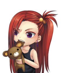 Rule 34 | androgynous, biting, child, earrings, fang, gender request, hair bobbles, hair ornament, jewelry, long hair, original, purple eyes, red hair, side ponytail, solo, stuffed animal, stuffed toy, teddy bear