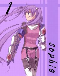 Rule 34 | 1girl, bad id, bad pixiv id, bodysuit, character name, garter belt, gauntlets, long hair, lowres, o-ring, purple background, purple eyes, purple hair, shibanashi miso, solo, sophie (tales), tales of (series), tales of graces, thighhighs, twintails, una, very long hair